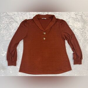 Women's Rust Long-Sleeve Collared Tee with Button Accent